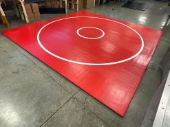 AK Athletic Equipment Clearance Wrestling 14' X 14' X 1 3/8" Roll-Up Mat Vinyl Flaw Red With White Circles