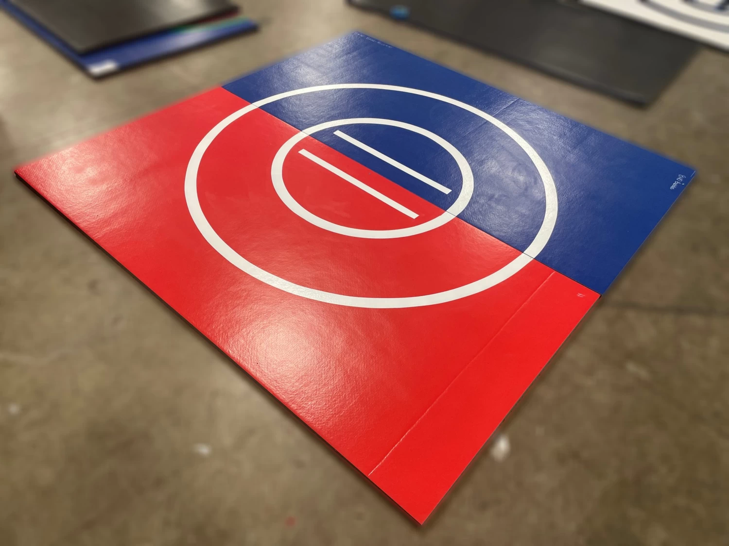 AK Athletic Equipment Clearance 8' X 8' X 1 3/8" Roll-Up Wrestling Mat Blue And Red Vinyl Flaw 3 AK Athletic Equipment Clearance 8' X 8' X 1 3/8" Roll-Up Wrestling Mat Blue And Red Vinyl Flaw