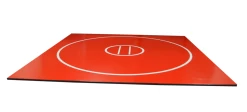 AK Athletic Equipment 16' X 16' X 1 3/8" Roll-Up Wrestling Mat -Fitness Craze red wrestling mat with white circles and starting lines