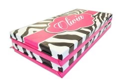 AK Athletic Equipment Zebra Print Monogram 4' X 8' Folding Gymnastics Mat -Fitness Craze zebra folded with drop shadow pink